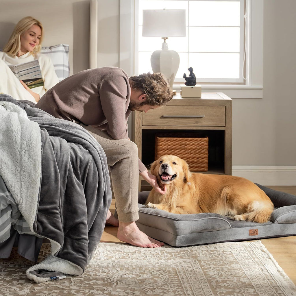 Brown Waterproof Therapeutic Pet Sofa Bed and Fleece Lounge (M Size 74 x 53 x 17 CM) - Low Entry, High Bolster Support & Zipper Removable Cover