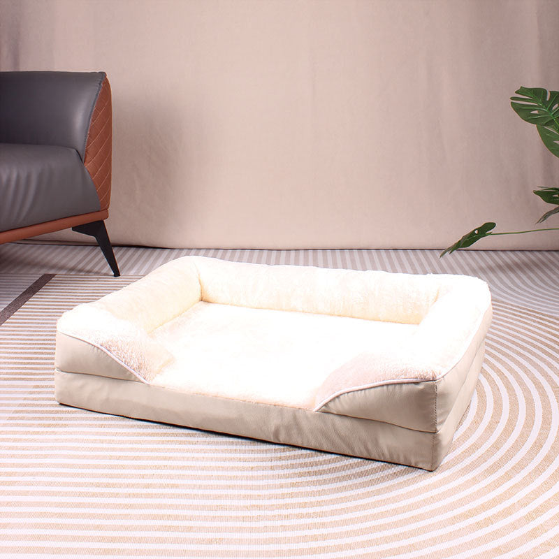 Beige Waterproof  Therapeutic Pet Sofa Bed and Fleece Lounge (XL Size 110 x 82 x 17 CM) - Low Entry, High Bolster Support & Zipper Removable Cover
